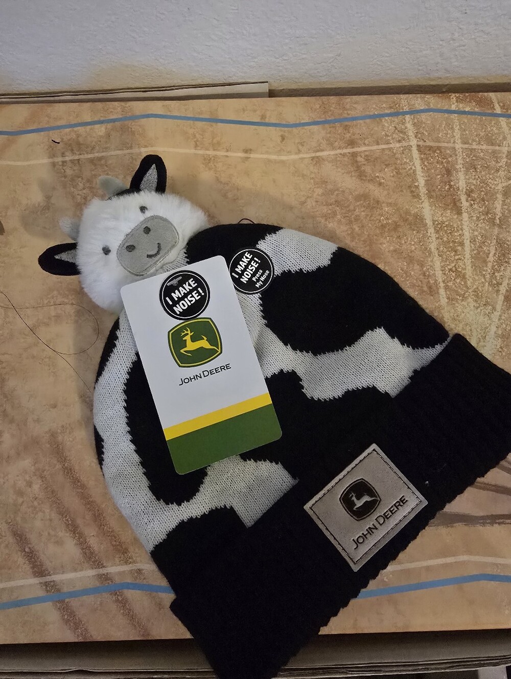 John Deere Mooing Black & White Cow Pom Pom Kids Beanie